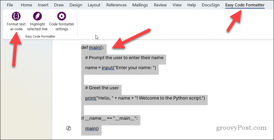 Selecting code for formatting in Word