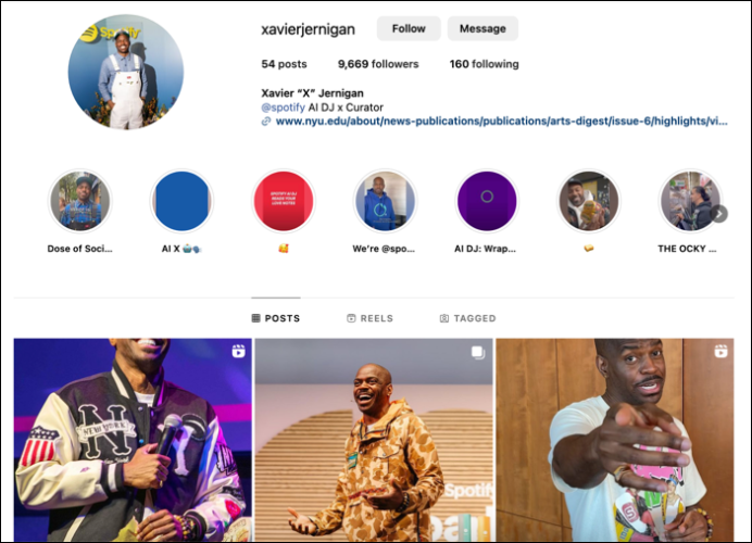 The Instagram profile for the voice of Spotify DJ, Xavier Jernigan