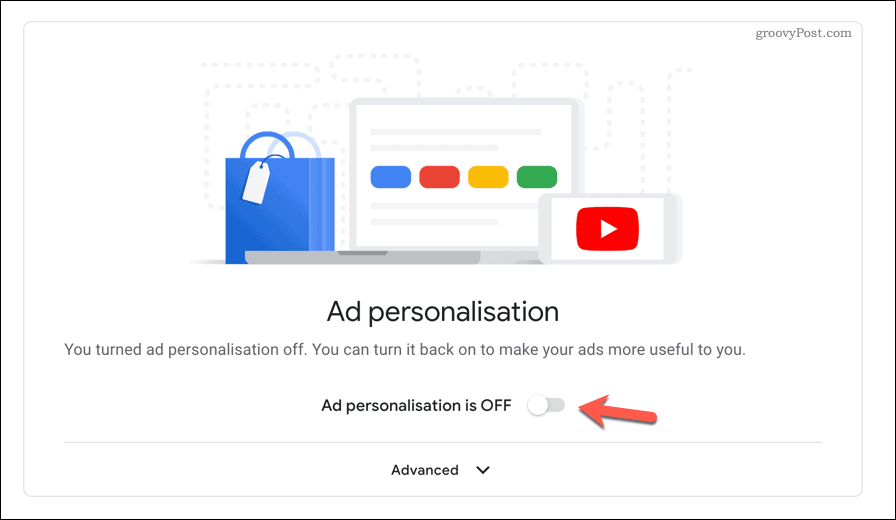 Disabling personalized ads on Youtube.