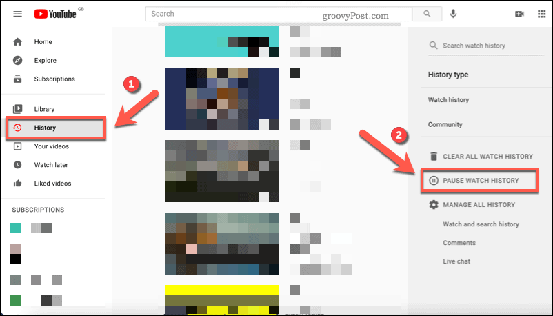 Pausing YouTube watch history on PC