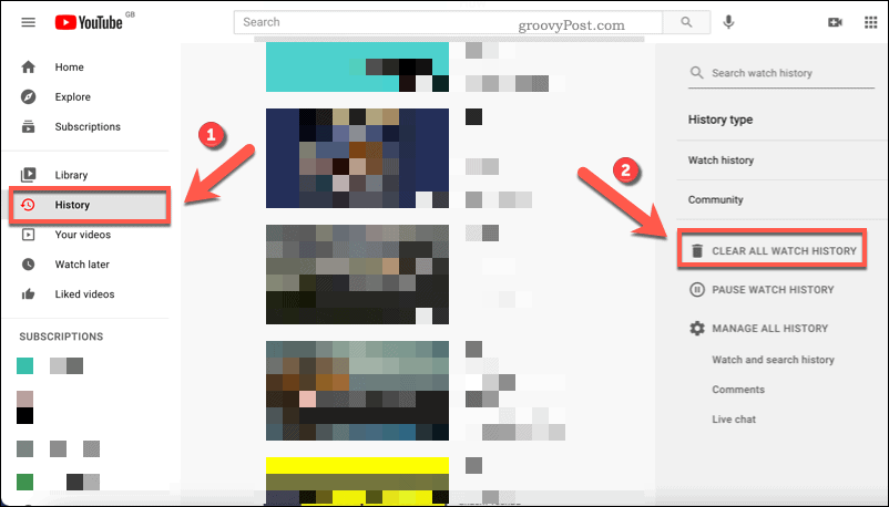Clearing watch history on YouTube on a PC or Mac