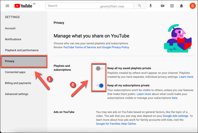 Enabling privacy settings on YouTube